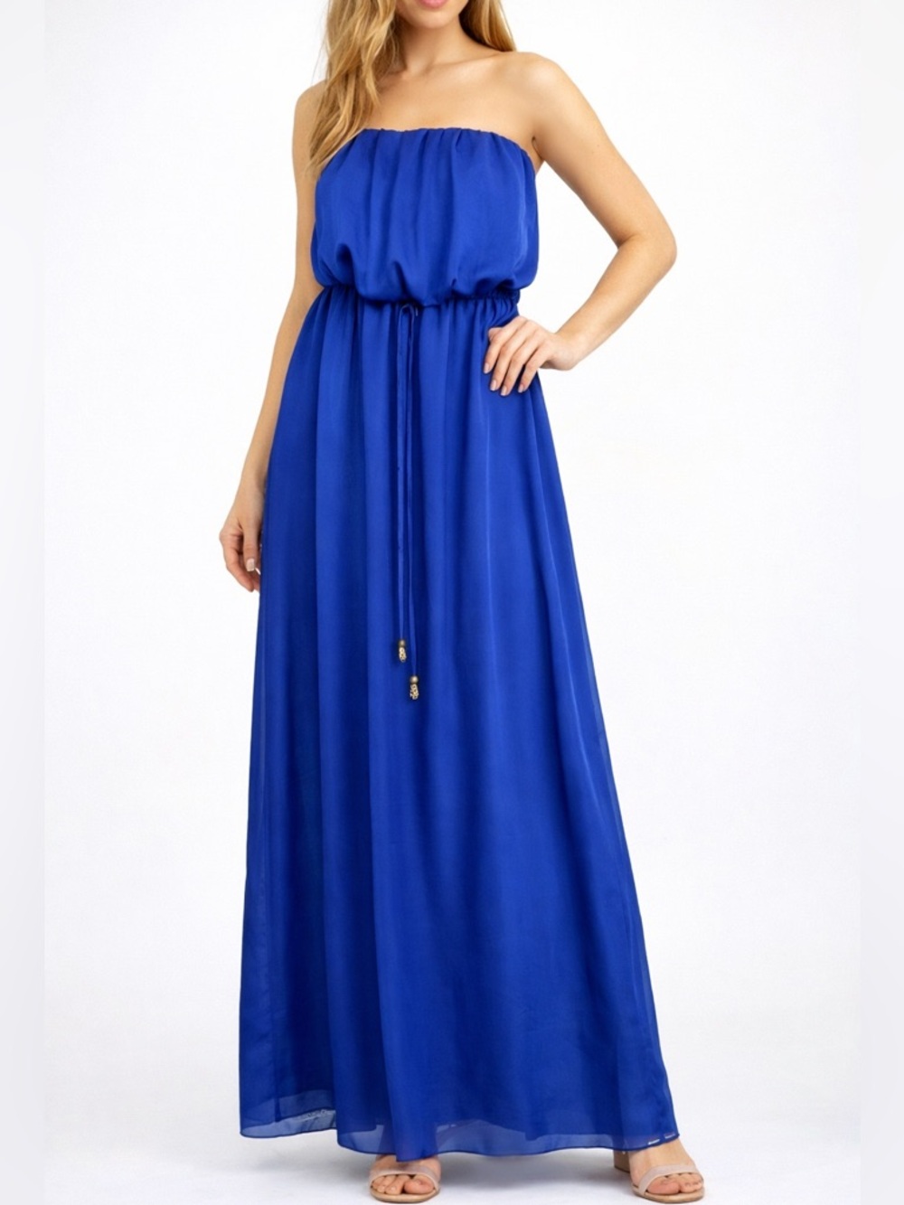 Royal Blue Strapless Maxi Dress XS Flowy Chiffon Summer Wedding Vacation